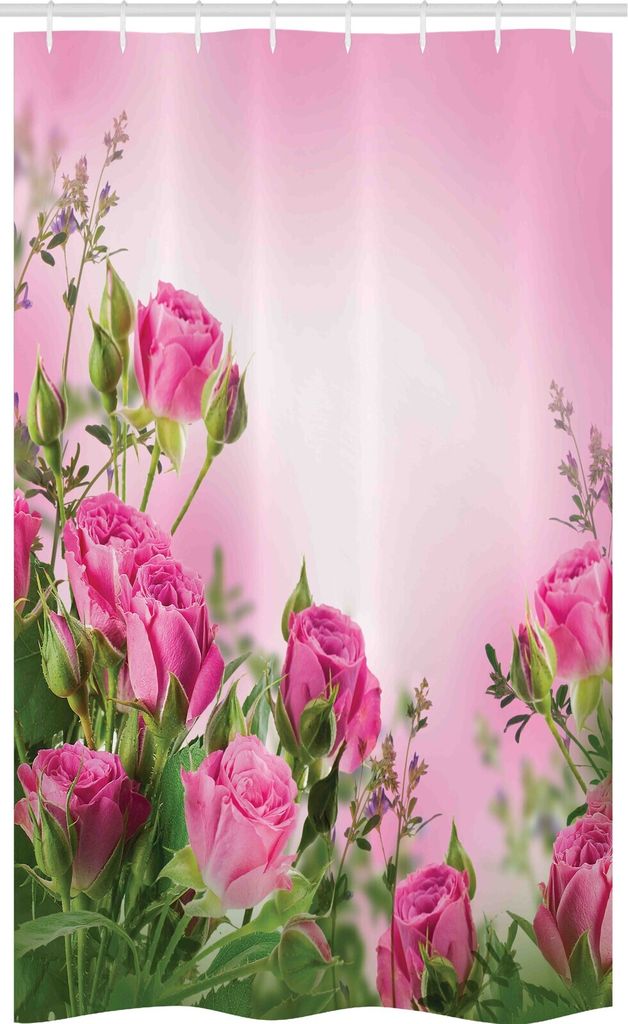 ABAKUHAUS Blume Schmaler Duschvorhang, Spring Season Rosen Knospen, Badezimmer Deko Set aus Stoff mit Haken, 120 x 180 cm, Rosa und Grün