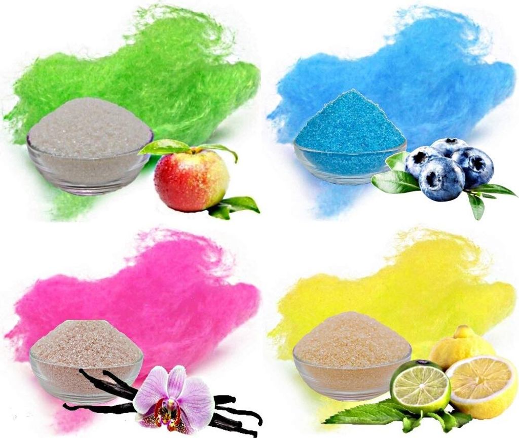 Aromazucker für bunte Zuckerwatte 4 x 1 KG mit Geschmack Apfel Heidelbeere Vanille Zitrone Farbzucker Farbzucker Zucker für die Zuckerwattemaschine