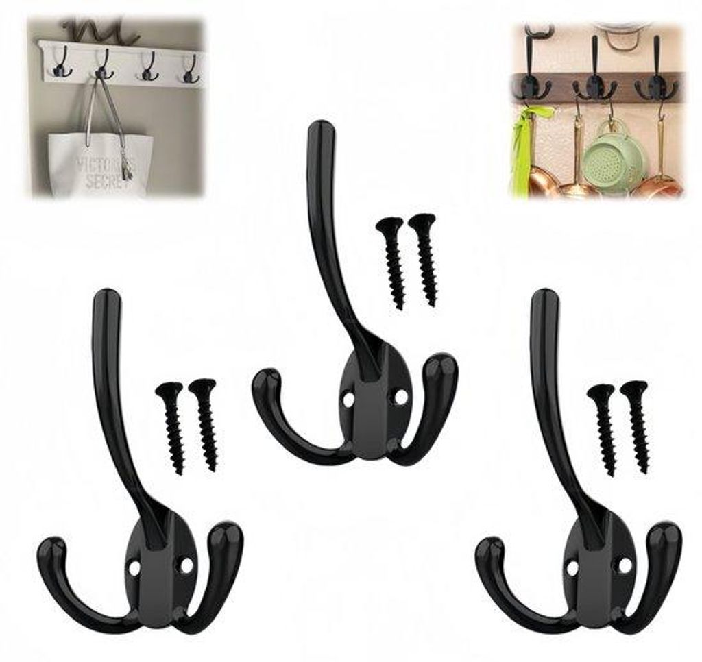 3 Stück - Haken - Schrauben - Schwarz - Starker vintage Haken aus Metall - Ideal für Jacken, Taschen, Handtücher - 105*70mm