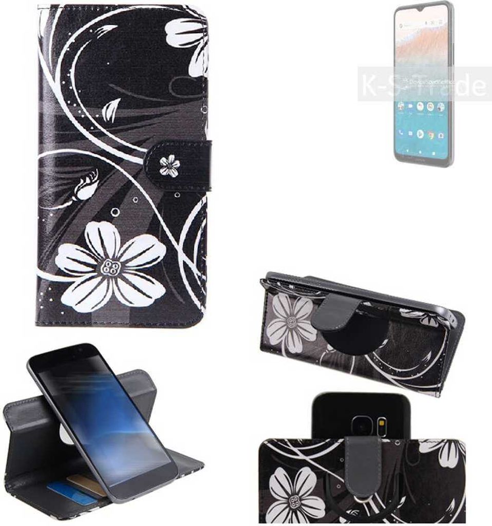 K-S-Trade Schutzhülle Handyhülle kompatibel mit Nokia C21 Plus 2GB Hülle 360° Wallet Case ''Flowers'' Klapphülle Hülle schwarz-weiß 1x