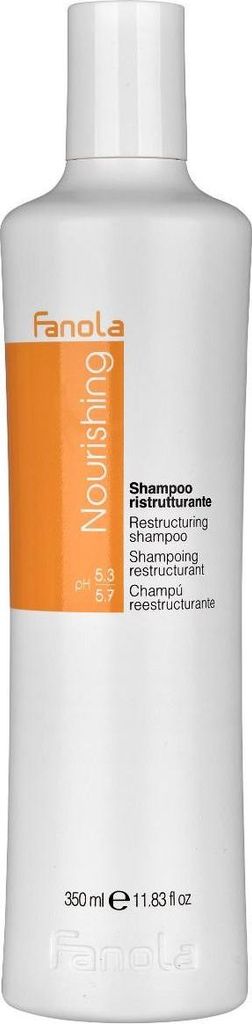 A white bottle of Fanola Nourishing Restructuring Shampoo.