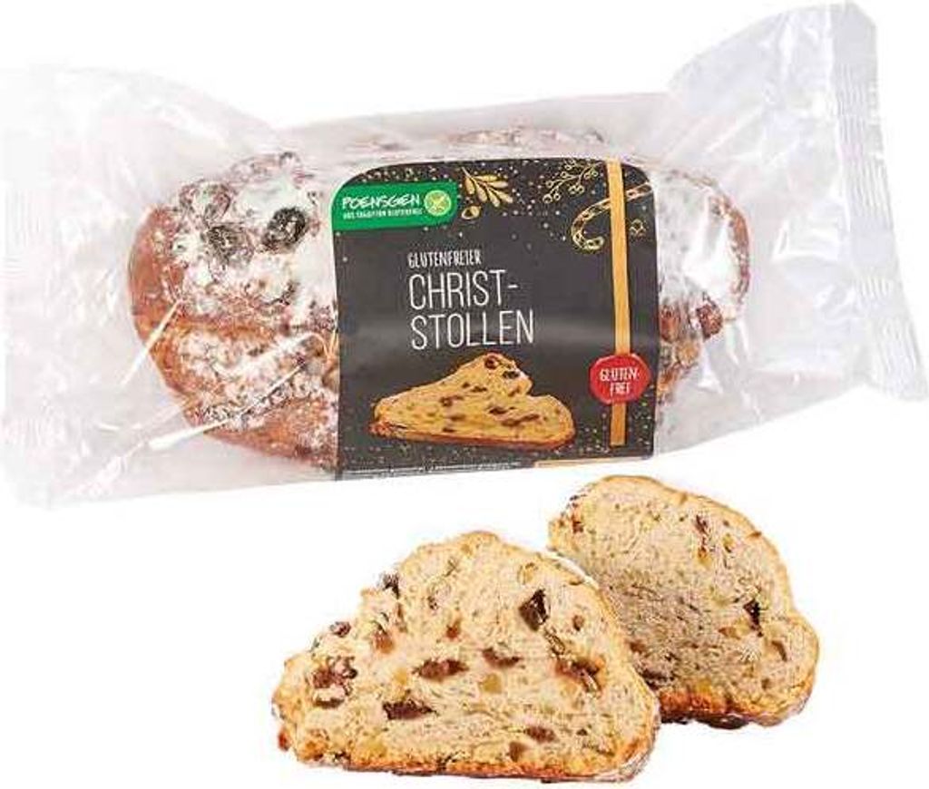 A packaged gluten-free Christstollen with two slices shown in the foreground.