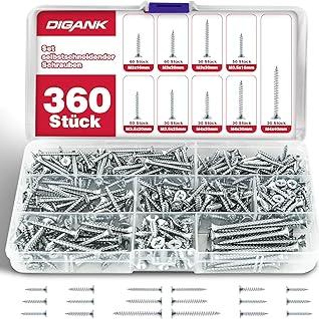 Schrauben Set, 360 Stück Holzschrauben, Selbstschneidende Schrauben mit Senkkopf, Holzschrauben Sortiment mit Aufbewahrungsbox (M3,M3.5,M4) für D...