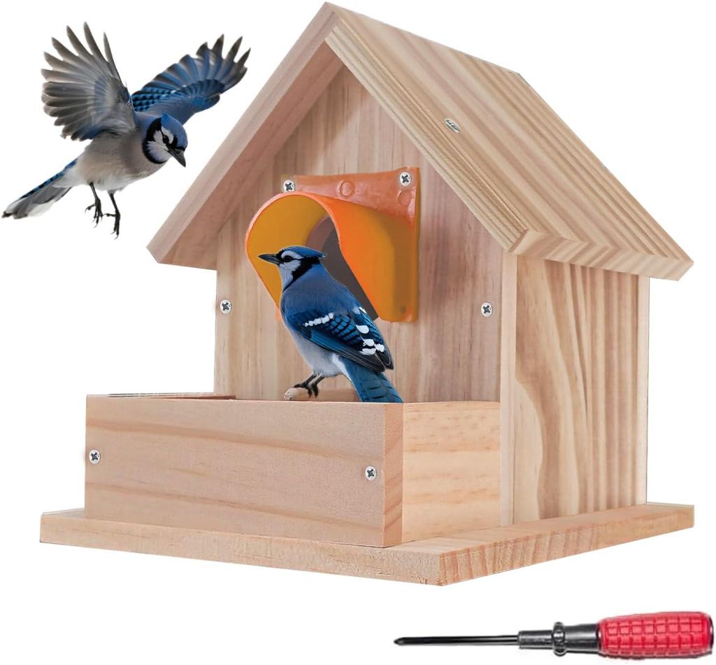 Vogelhaus aus Holz - Meisen- und Rotkehlchenkasten, wetterfestes Hänge-Futterhaus für kleine Vögel, mit Schutzhülle (Neuholz, 12x17x17cm)
