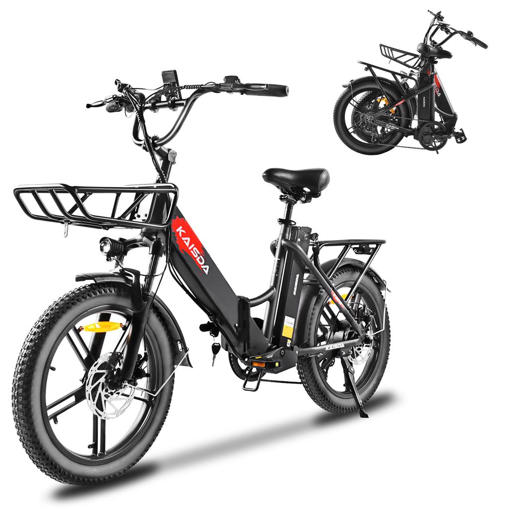 A black electric bicycle is shown from the front and side, with a smaller image of the folded bicycle in the upper right corner.