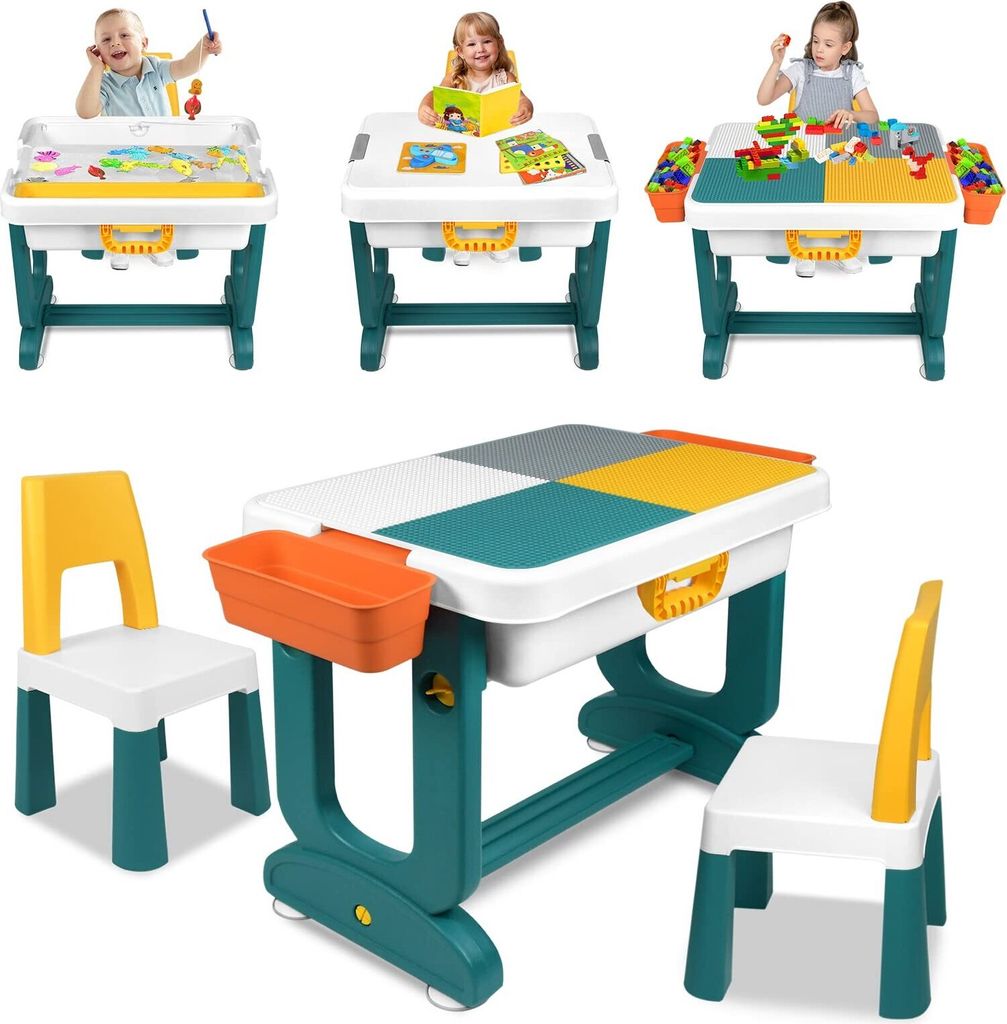 YUENFONG 5 in 1 Kindertisch Aktivitätstisch Höhenverstellbarer mit Stühle Set Spieltisch, Große Multifunktionaler Bausteine Set Sandtisch mit S...