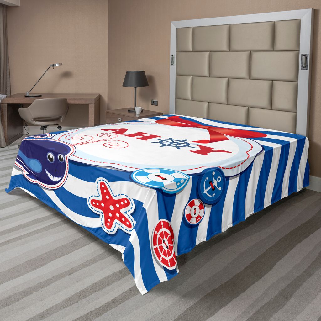 ABAKUHAUS Kindergarten Bettlaken, Marine-Themen Ahoy Beschriftung Childish Desgn mit Wal, weiches bequemes oberes Bettlaken für ein dekoratives Be...