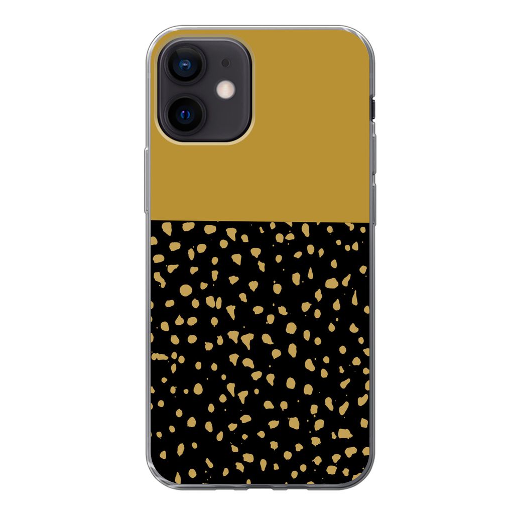 MuchoWow Handyhülle Schutzhülle Hülle für iPhone 12 Polka dots - Ockergelb - Schwarz Silikon Softcase Handy Hülle - Schutzhülle