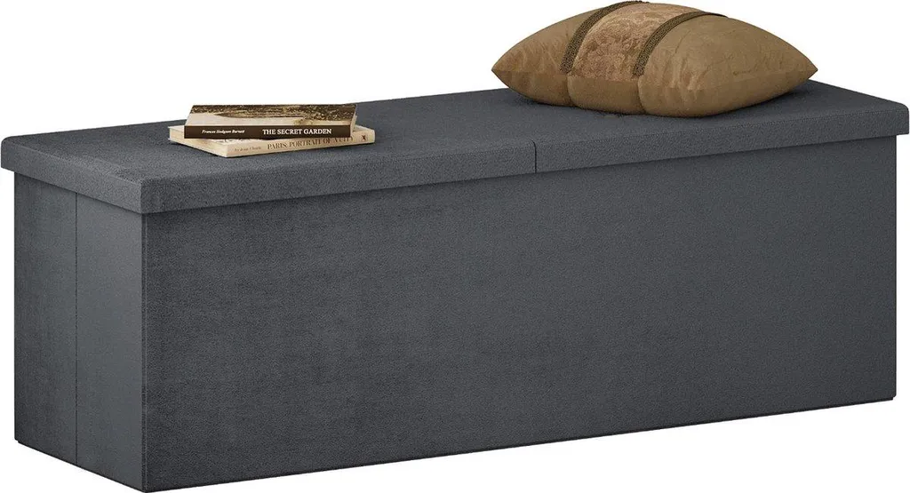 Banc coffre de rangement en velours gris avec assise rembourrée - 110 cm