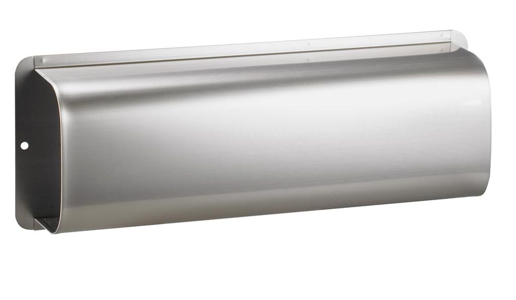 A stainless steel mailbox is shown against a white background.