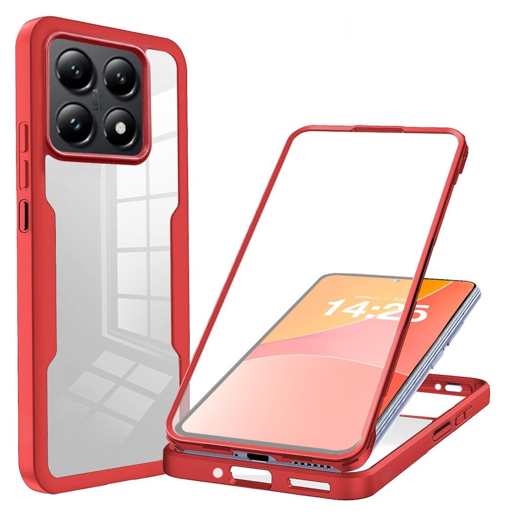 A red and transparent phone case is shown, with a phone inside the case on the right.