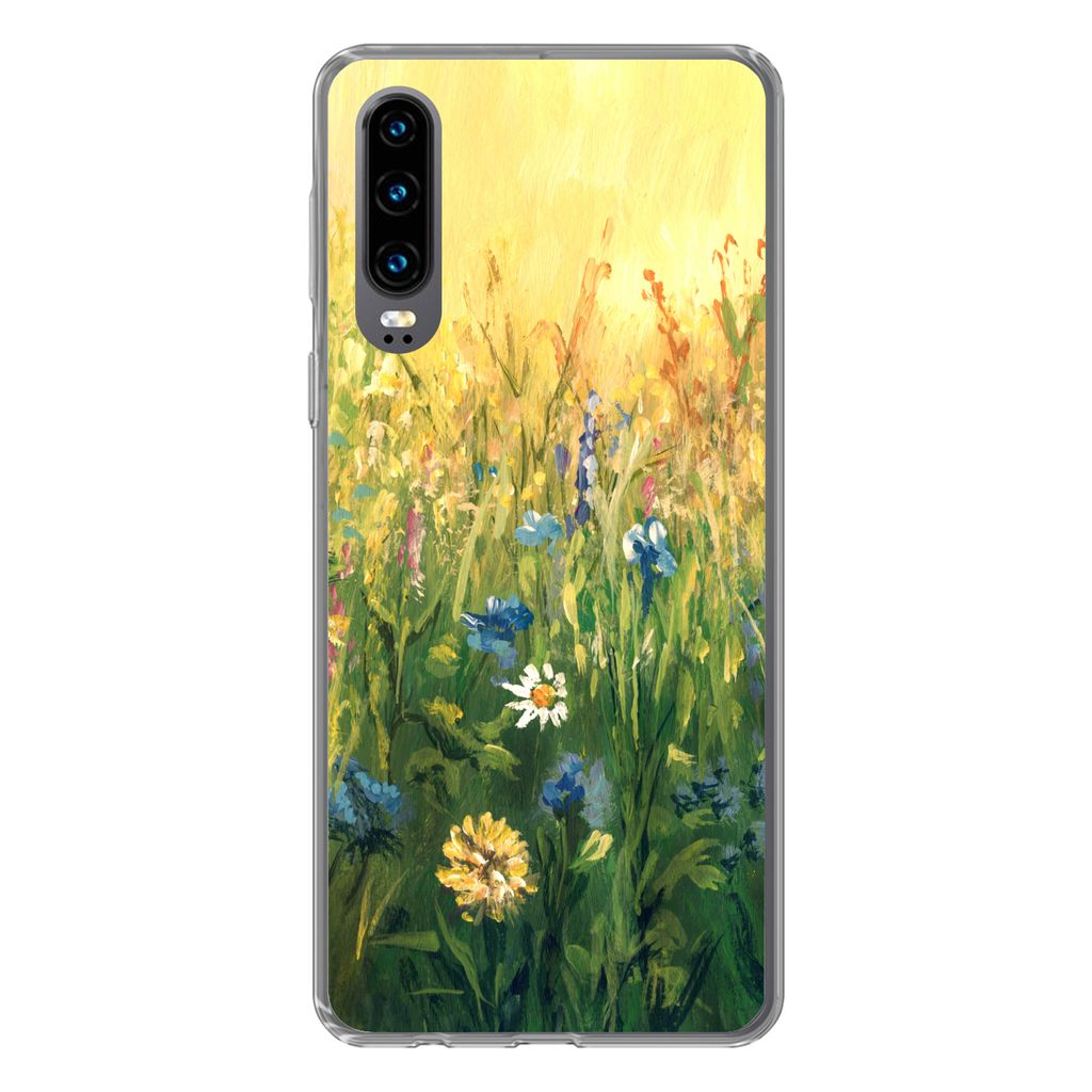 MuchoWow Handyhülle Schutzhülle Hülle für Huawei P30 Blumen - Aquarell - Sonne Silikon Softcase Handy Hülle - Kartenbesitzer
