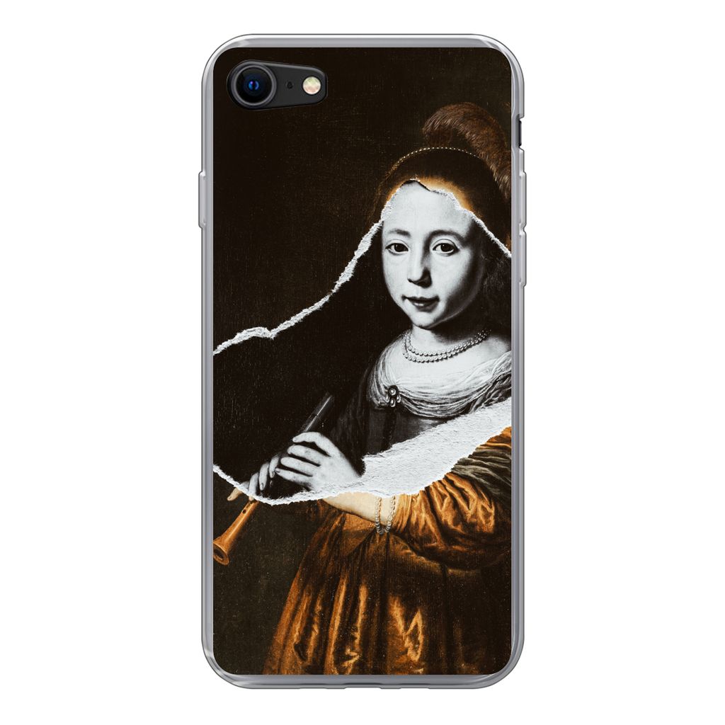 MuchoWow Handyhülle Schutzhülle Hülle für iPhone SE 2022 Elizabeth-Spiegel - Dirck Dircksz Santvoort - Schwarz - Weiß Silikon Softcase Handy...