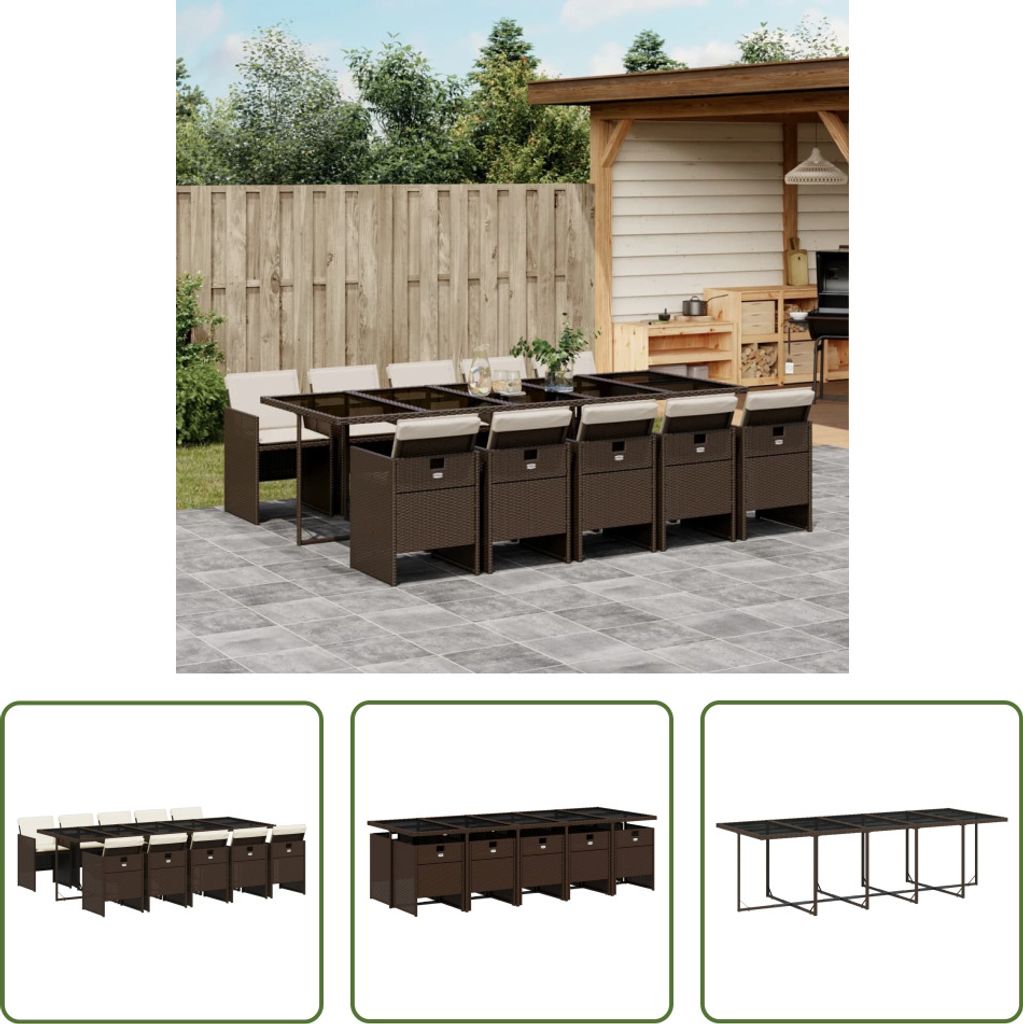 The Living Store 11-tlg. Garten-Essgruppe mit Kissen Braun Poly Rattan
