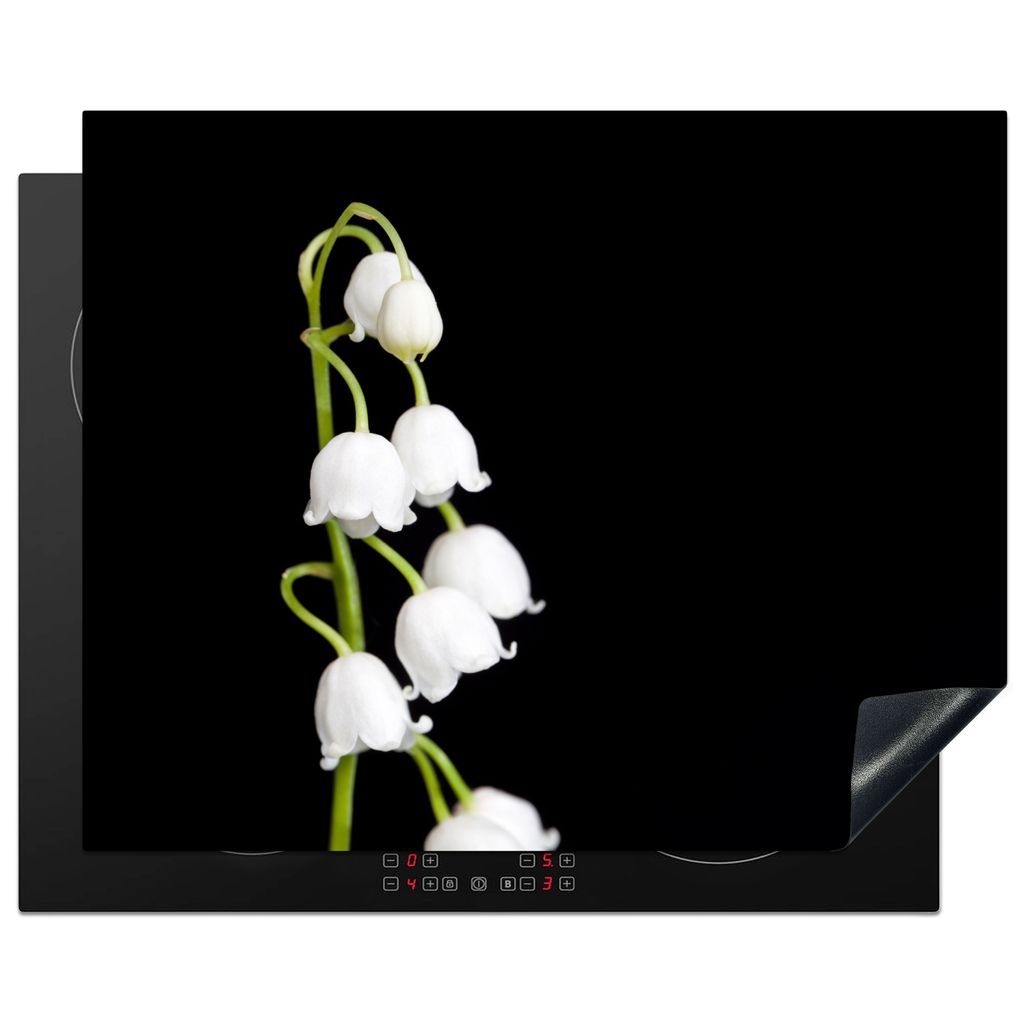 KitchenYeah Herdabdeckplatte Maiglöckchen - Blumen - Schwarz - Flora , 65x52cm, Küche Deko, Glaskeramikfeld Herdabdeckung, Abdeckplatte fùr Ko...