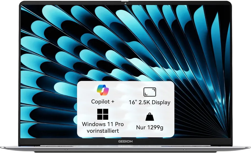 2026 GEEKOM GeekBook X16 Pro Laptop, 1299g Metallgehäuse, 16" 2.5K, IntelCore Ultra 9-185H, 32GB LPDDR5x7500MT/s, 2TBSSD, Ultradünn, Deutsche Tastatur