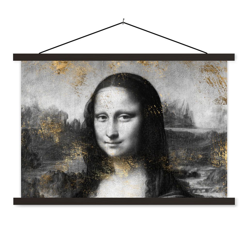 MuchoWow Textilposter Mona Lisa - Leonardo da Vinci - Gold 150x100 cm mit schwarzem Rahmen - Schlafzimmer