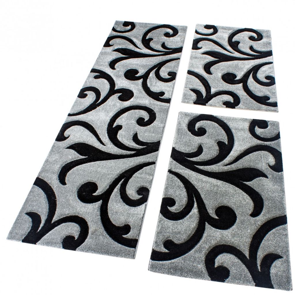 Bettumrandung Läufer Teppich Modern Karo Muster 3 Teilig Schwarz Grau Blau Weiß