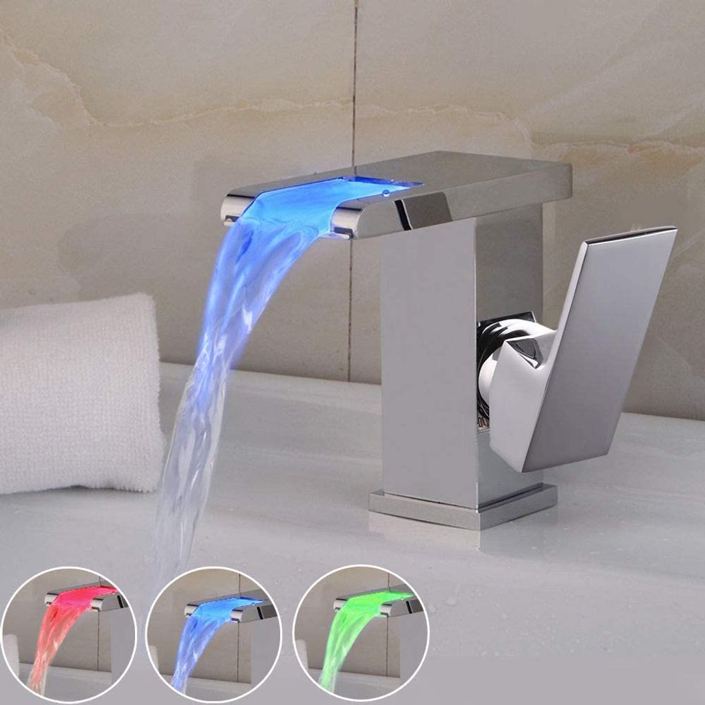 Wasserfall Armatur LED RGB Einhebel Wasserhahn Waschtischarmatur Mischbatterie 