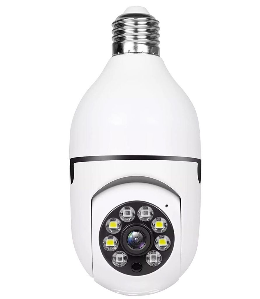 A white light bulb shaped security camera with a lens and multiple LEDs on a white background.