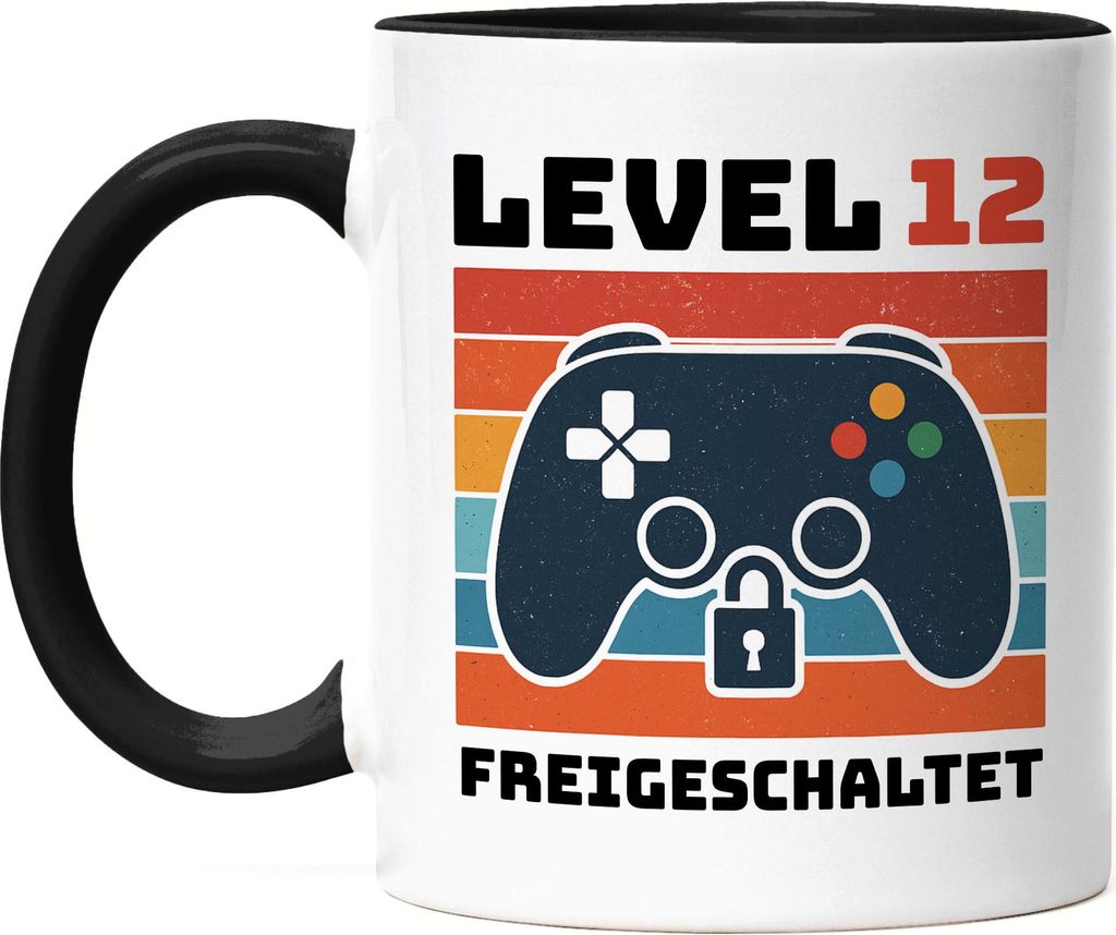 Level 12 freigeschaltet Tasse Schwarz – Retro Controller Gaming Geburtstagsgeschenk