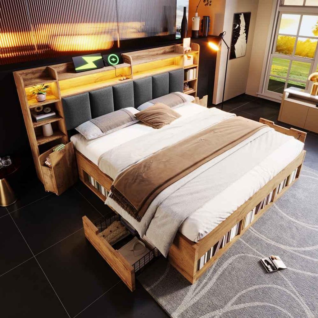 Modernes Doppelbett mit Polsterkopfteil, LED-Licht, Nachttischen inkl. USB & Type-C, Stauraum & Holzlattenrost - Eiche, 160x200 cm (Ohne Matratze)