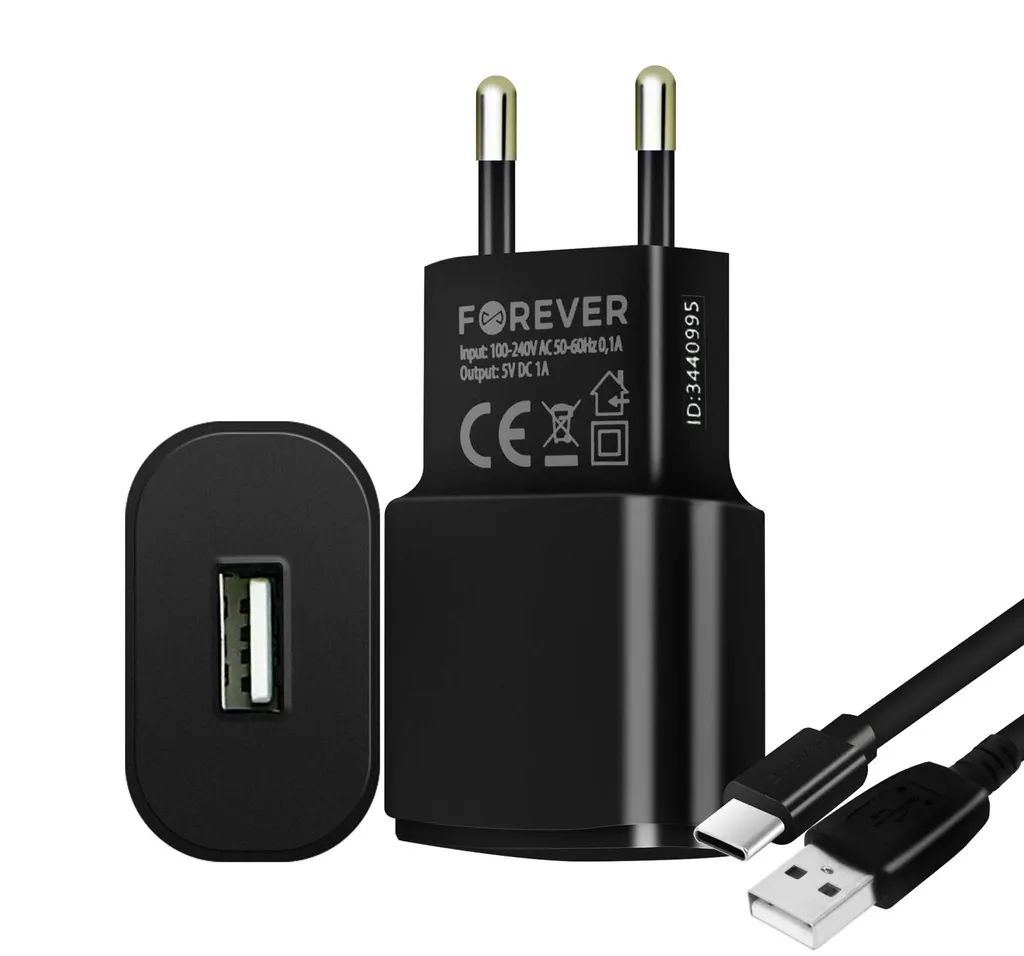 Kit Ricarica USB-C Economico 1A | Cavo 1.2m + Spina Muro Nero