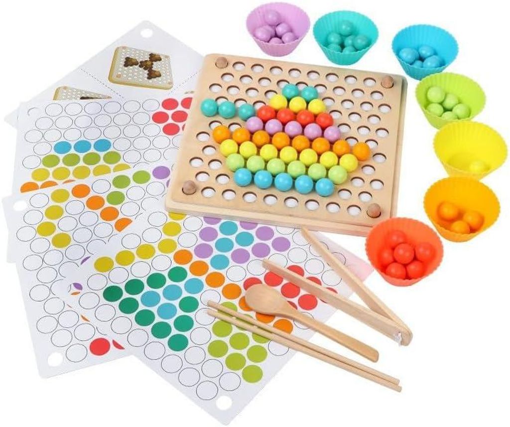 Holz Montessori Spielzeug,Clip Perlen Puzzle Brettspiele,Rainbow Bead Game,Mathe Lernspielzeug,Holz Pädagogisches Steckspiel,Kinder Vorschule Farben