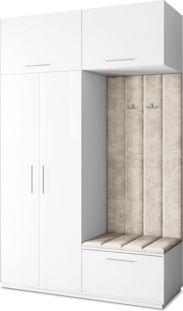 Masseno Garderobe-Set REMA 150/240/60 cm Modern Garderobenschrank Weiß, Veloursstoff MONOLITH 04 (Beige)