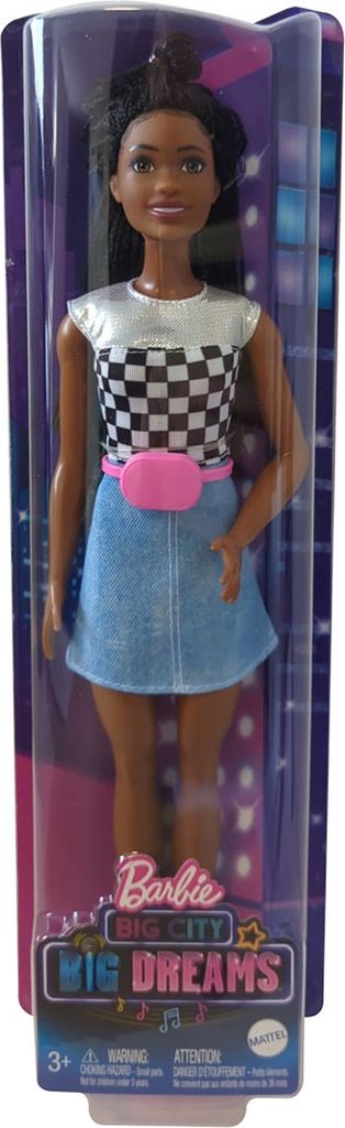 Mattel GXT04 Barbie Big City, Big Dreams Barbie Brooklyn Puppe mit schwarzem Haar, schimmerndem Oberteil, Rock und Zubehör