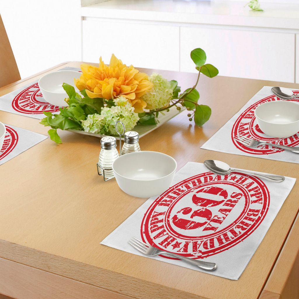 ABAKUHAUS 60. Geburtstag Platzmatten, Abstract Grunge Style Glücklich Sechzig Party Theme Retro Stempel Slogan Print, Tiscjdeco aus Farbfesten Sto...