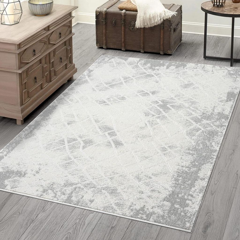 Teppich Wohnzimmer Kurzflor - Grau - 80x150 cm - Klassisch Modern Vintage, Bordüre, Geo-Muster