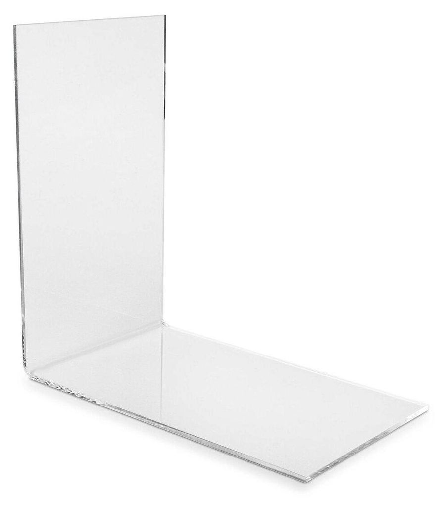A clear, well-lit product shot of an L-shaped clear acrylic bookend on a white background.