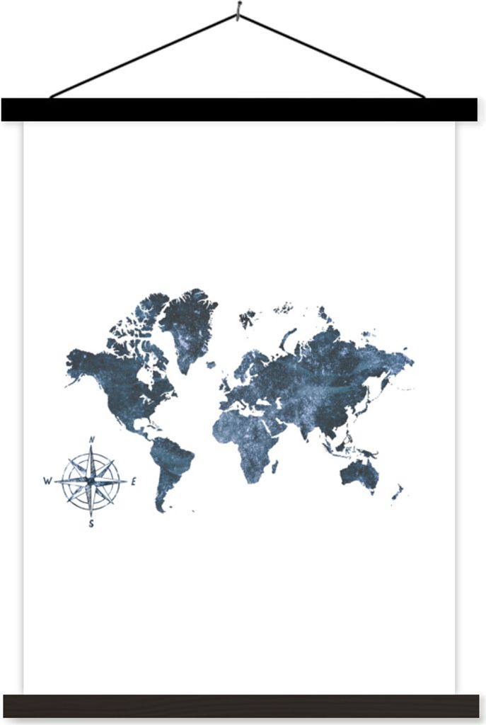 MuchoWow Textilposter Weltkarte - Blau - Weiß 120x160 cm mit schwarzem Rahmen - Magnetischer