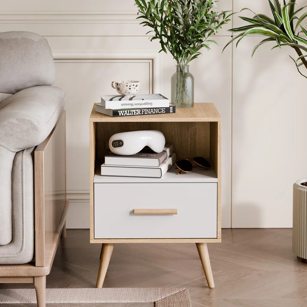Petite Table d'Appoint Bicolore Chêne et Blanc 1 Tiroir Design Moderne