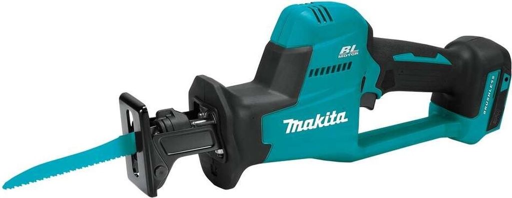 A teal and black Makita reciprocating saw is shown against a white background.
