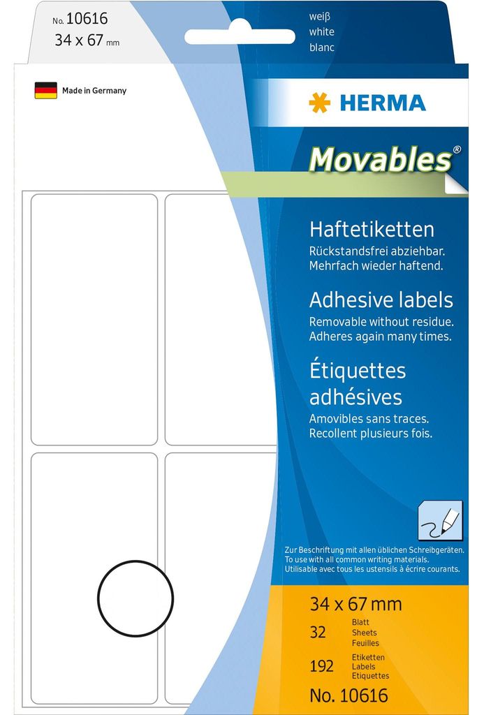 Herma HERMA Mehrzwecketiketten 34x67 mm weiß Bewegliches/ablösbares Papier matt 192 Stück