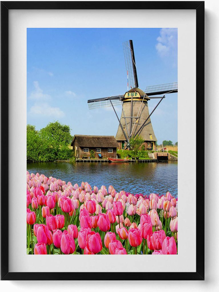 Holländische Windmühle mit Blumen– Wandbild mit Rahmen – Gerahmtes Bild – Wanddekoration – 50x70 cm – Schwarz Rahmen