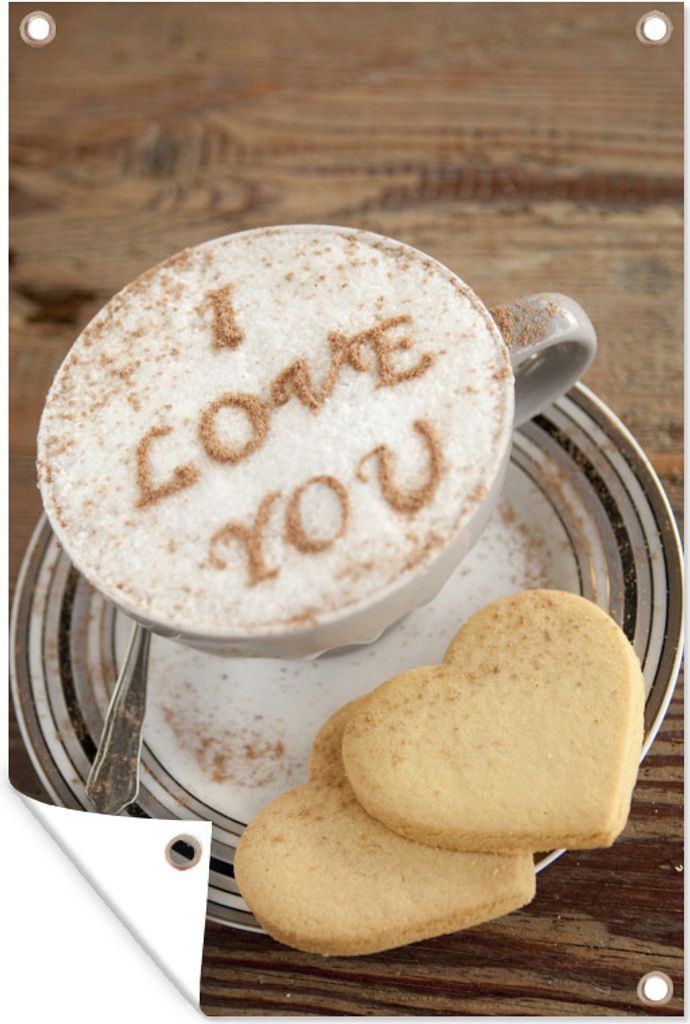 MuchoWow 60x90 cm Outdoor-Poster Gartendeko Sichtschutz Garten Poster für den Garten Cappuccino mit der Aufschrift I Love You