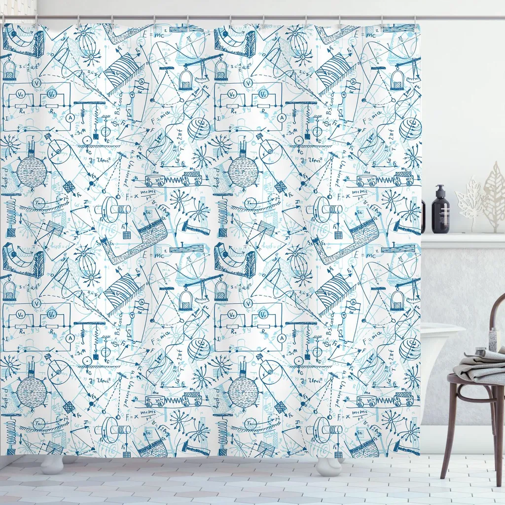 Rideau de douche ABAKUHAUS École Physique Doodle Art, 175 x 240 cm - Bleu