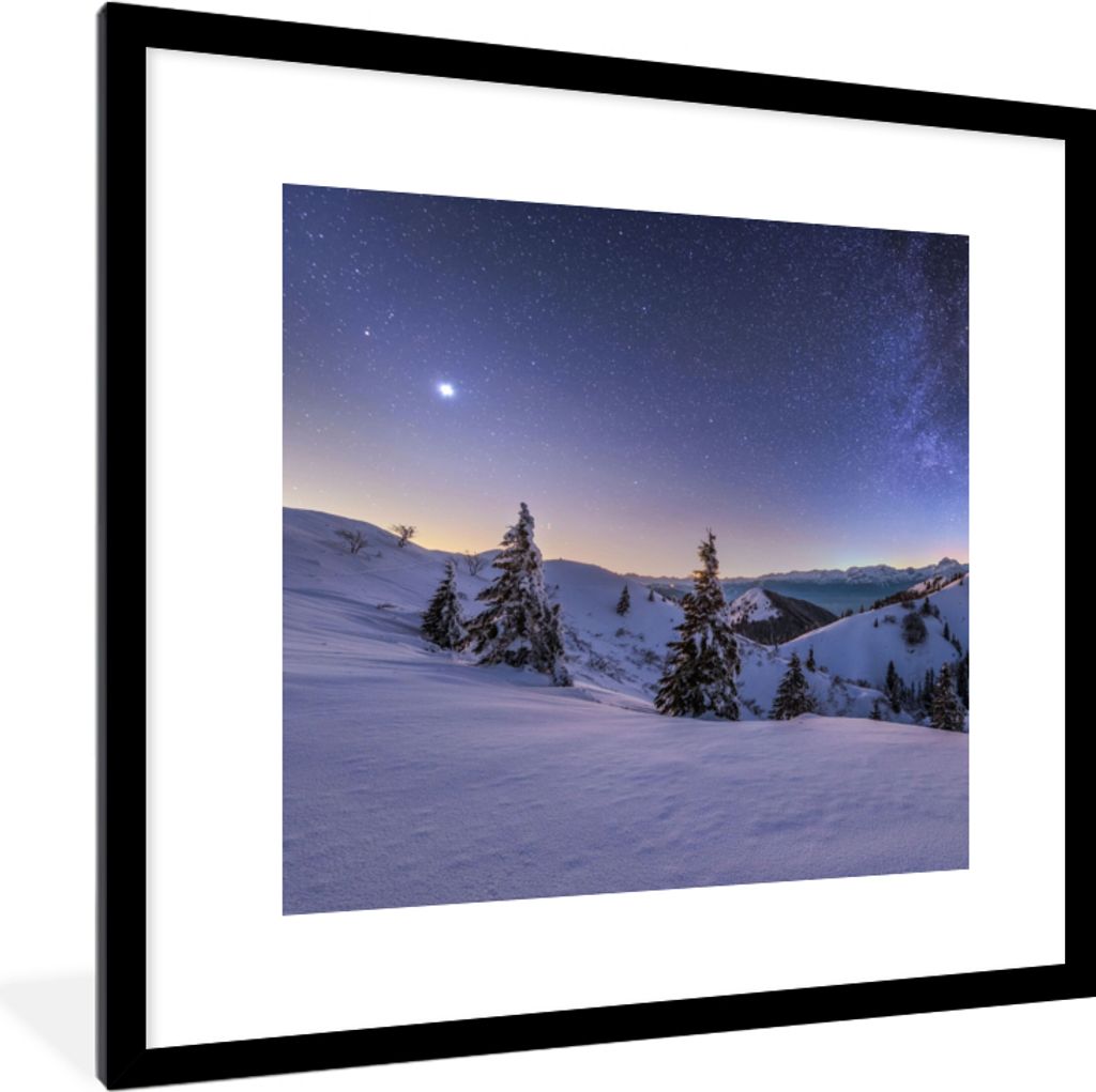 MuchoWow Gerahmtes Poster Winter - Schnee - Nacht - Bäume 40x40 cm - Poster mit Schwarzem Bilderrahmen Wandposter Rahmen Foto Bilder - Poster - ...