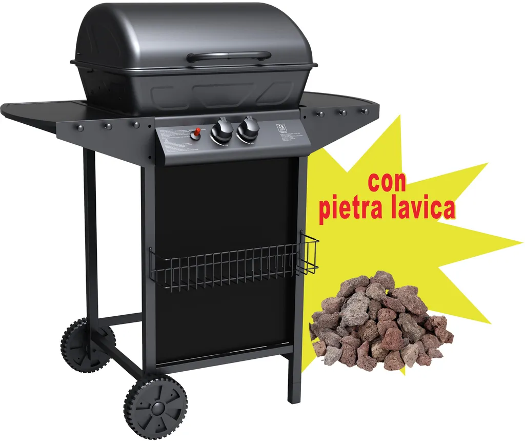 Barbecue gaz Matera 2 brûleurs et pierre de lave pour cuisson homogène