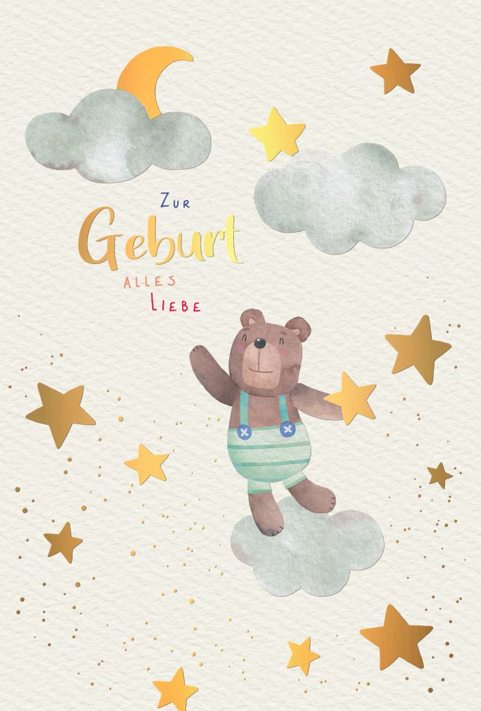 Geburt Baby Alles Liebe Bär Sterne Glückwunschkarte mit Umschlag