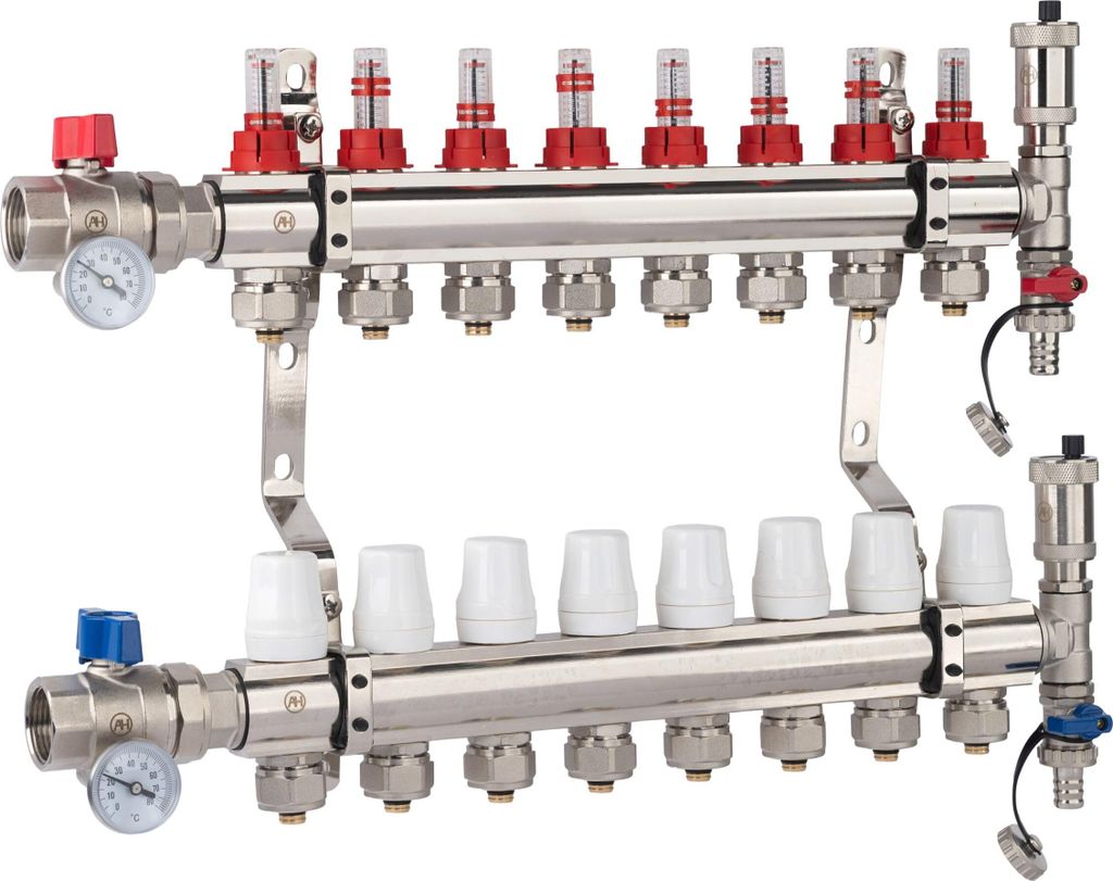 AQUA HEATING Heizkreisverteiler Für Fußbodenheizung 8 Heizkreise 10 Bar Verteiler Set Gerades Ventil PEX Verbinder
