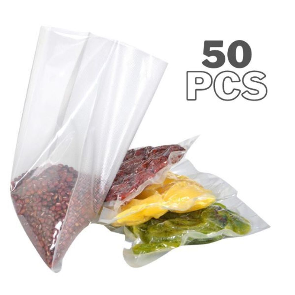 A clear product shot of vacuum seal bags filled with different food items, with text indicating the quantity.