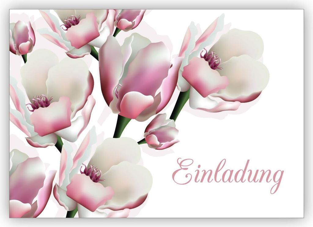 4x Zauberhafte elegante Einladungskarte mit leichten Blüten zur Hochzeit, Taufe, Diner etc: Einladung