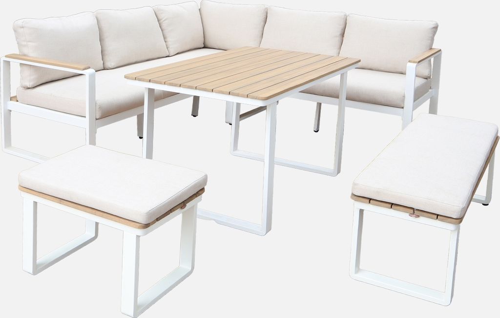sweeek - Gartenlounge-Set für 8 Personen aus Akazienholz und Aluminium - Weiß