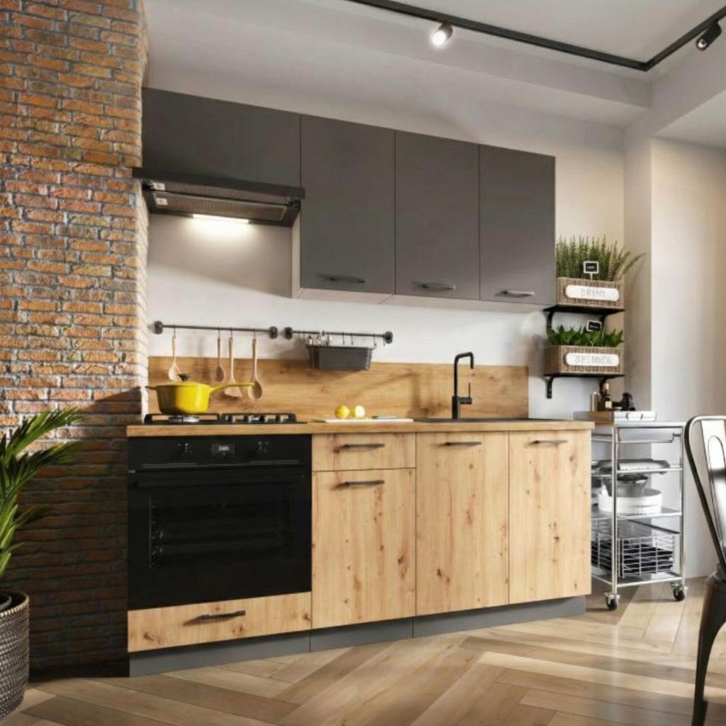 Küche 180 cm - Küchenzeile - Eiche Artisan und Graphit - mit brauner Arbeitsplatte - MDF-Fronten - mit Schrank für Backofen - Küchenmöbel - CLARA