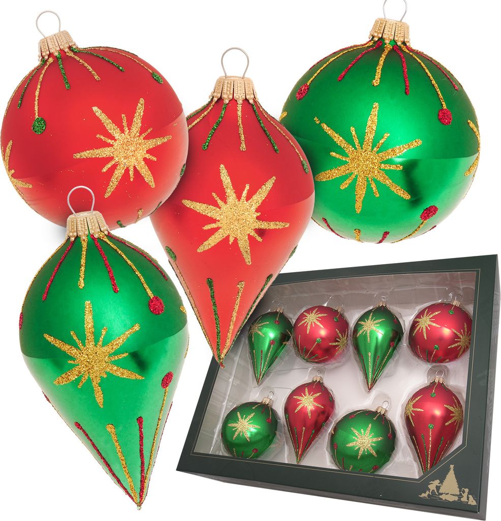 Krebs Glas Lauscha Kugeln & Tropfen - Bethlehem Stern Rot/Grün - Christbaumkugeln aus Glas im 8er Set - Größe ca. 7 - 10 cm - 24264