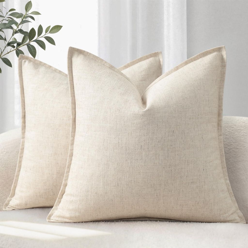 Kissenbezug 40 x 40 cm, 2er-Set, bequeme, weiche Kissenbezüge aus Naturleinen, einfarbig, moderne Kissenbezüge mit Bordüre, dekorative Kissen f...